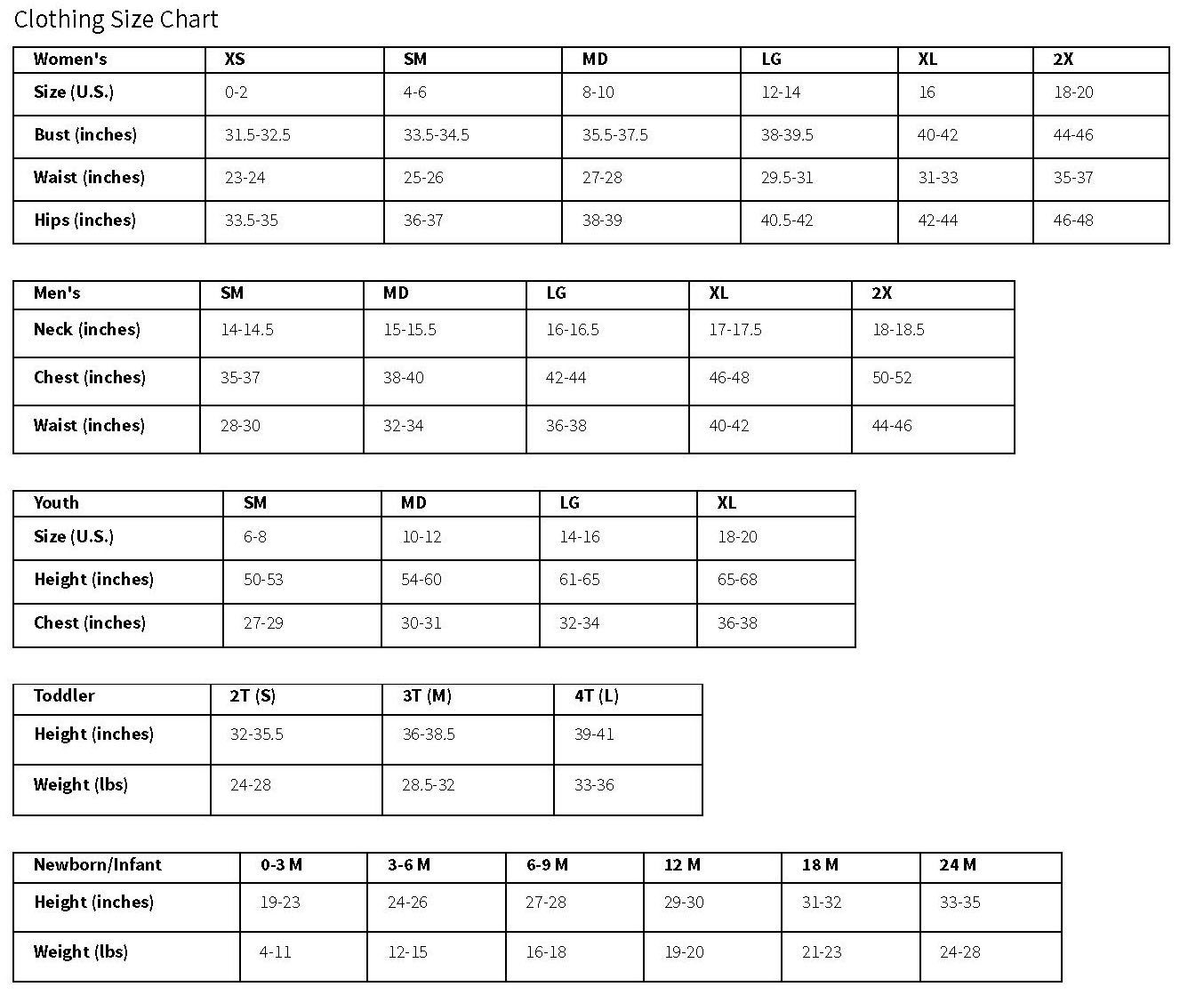 Clothing Size Chart | Jefferson Campus Store