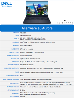 26 DELL ALIENWARE AURORA LAPTOP 16IN + 4YR PRO SUPPORT